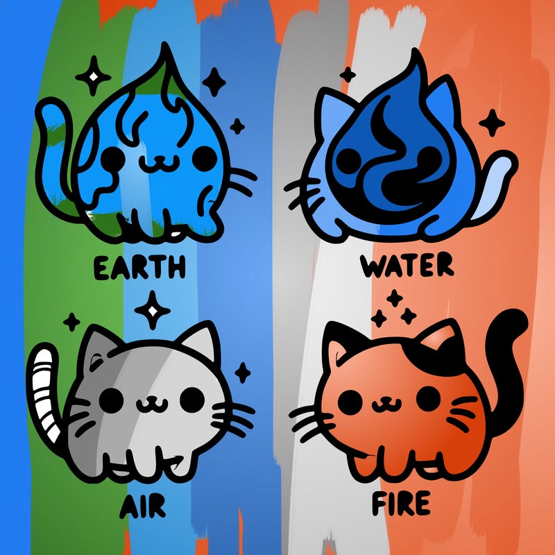 4 cats that represent the different elements, earth, water, air, and fire
