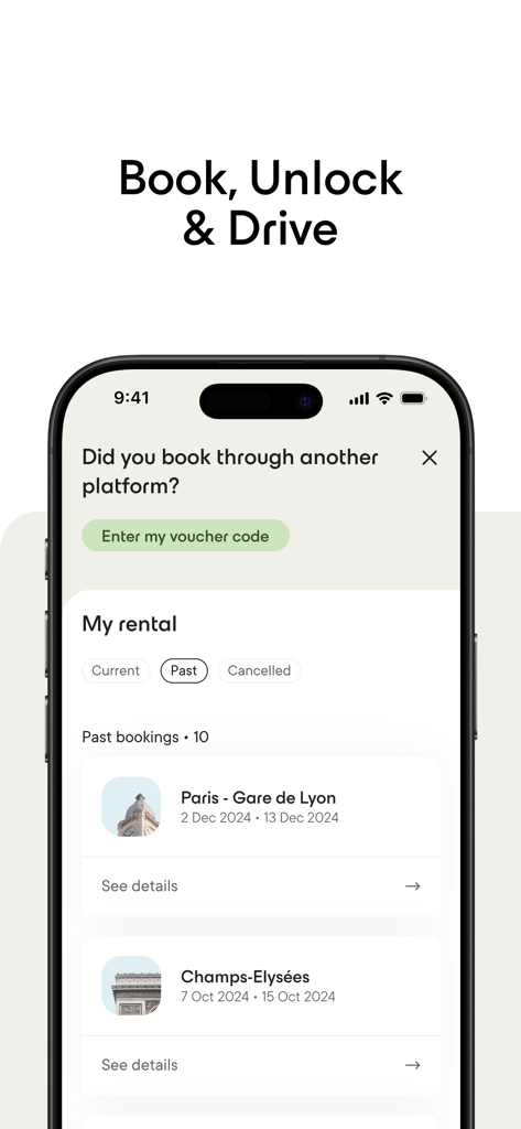 Virtuo app screen showing a list of past car rental bookings in Paris