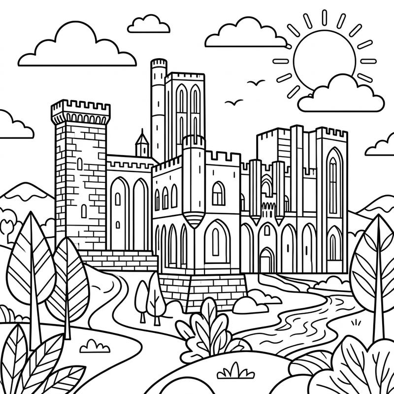 Step into history with this enchanting castle coloring page, designed with clear, bold lines perfect for seniors. Enjoy a relaxing and engaging activity that stimulates creativity and appreciation for monumental architecture.