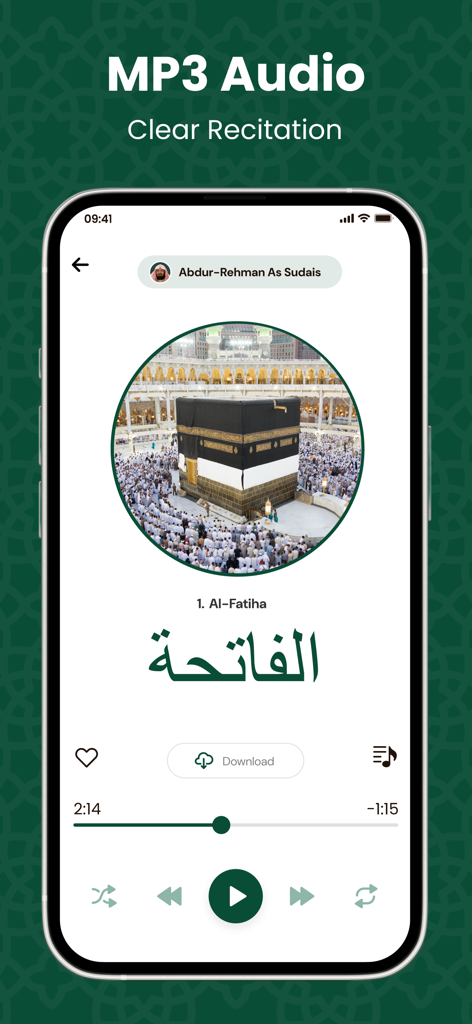 Al Quran Majeed القرآن الكريم - Digital Quran MP3 player interface showing audio recitation of Surah Al-Fatiha