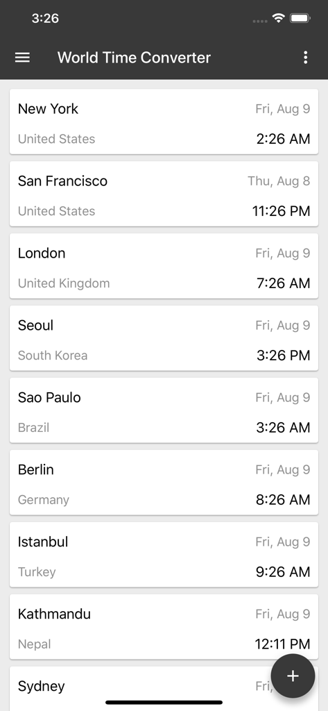 ClevCalc app interface showing the World Time Converter feature with a list of global cities and their local times in a dark mode list view.
