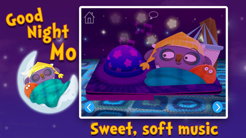 Mo the monster and a small orange friend tucked into bed in the Goodnight Mo 3D pop up book app