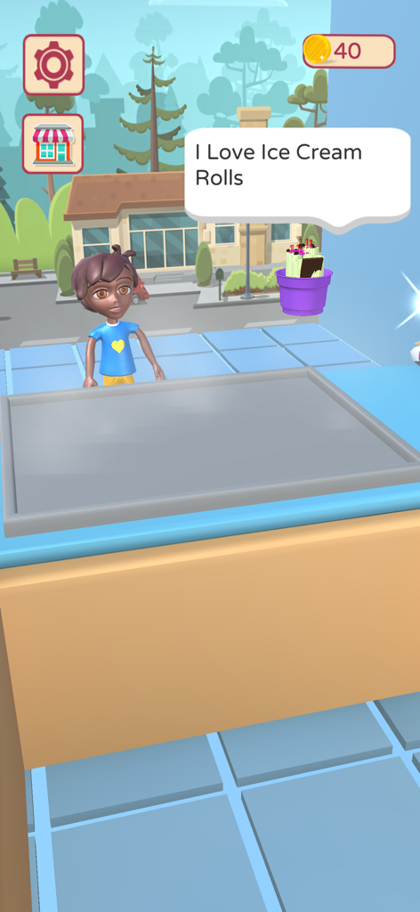 Un personaje cliente en el mostrador de la tienda diciendo ¡Me encanta Ice Cream Rolls! en el juego ASMR Maker