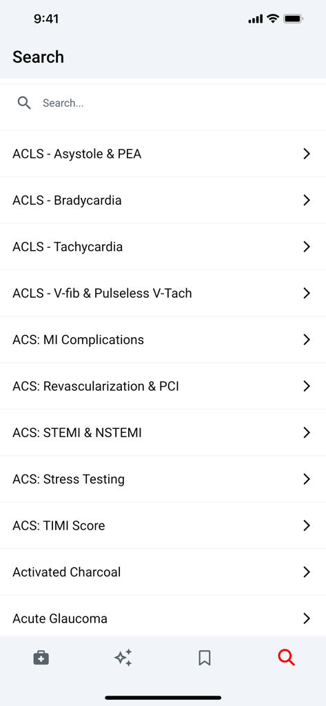 palmEM AI: EM Quick Reference - Interface of the palmEM AI app showing a list of emergency medical topics and a search bar