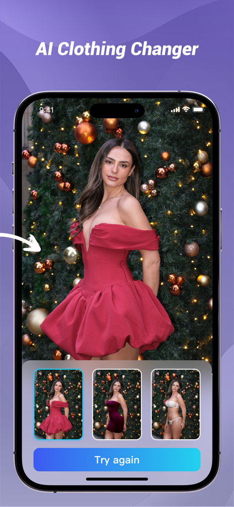 PhotoLeaper:AI Dress up,Video - PhotoLeaper app interface showing the AI Clothing Changer feature with a woman trying on different outfits in front of a decorated tree