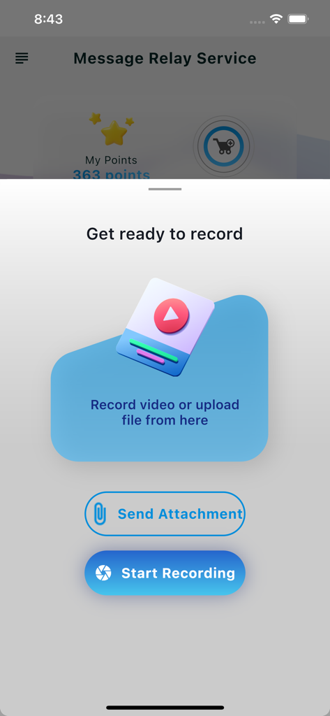 Signo Application - Interfaz de la aplicación Signo para el servicio de retransmisión de mensajes con opciones para iniciar la grabación de un video o enviar un archivo adjunto