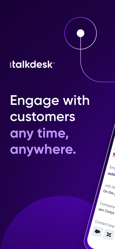 Talkdesk Conversations mobile app promotional screen with the text Engage with customers any time anywhere.