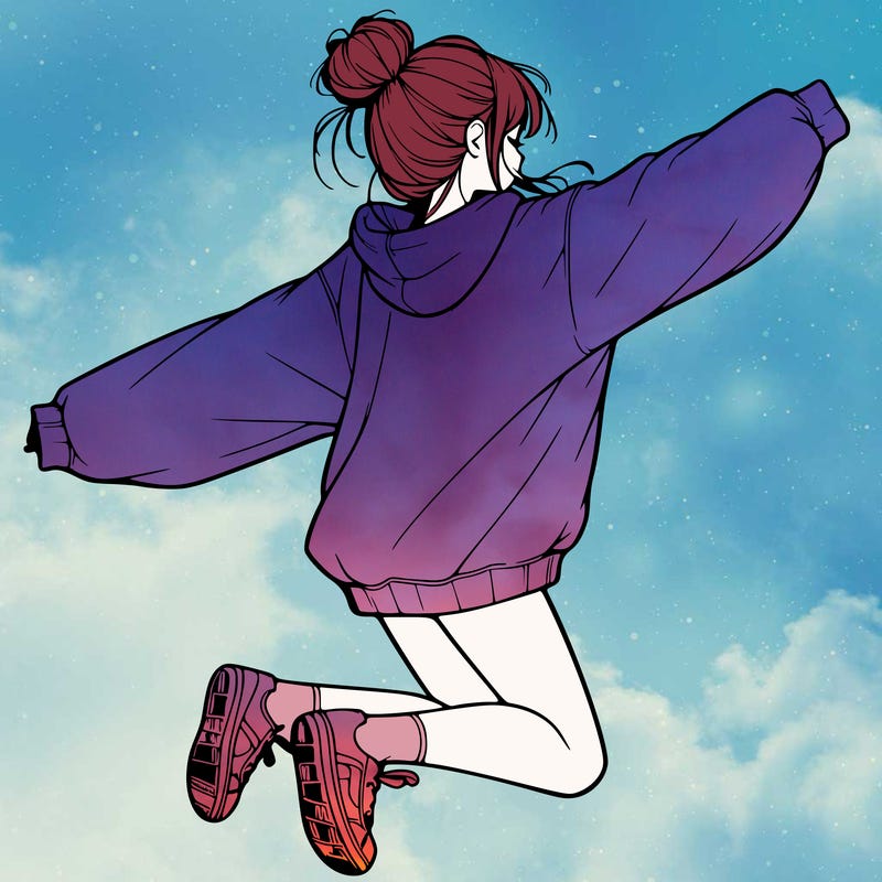 realistic girl jumping with a bun and oversized sweatshirt