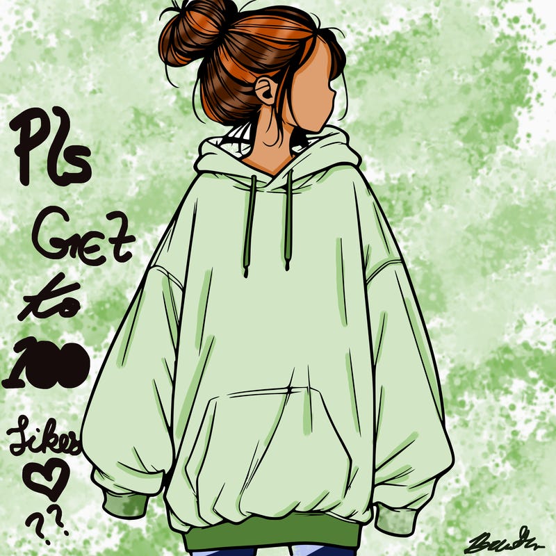 realistic girl with a oversized sweatshirt on and a bun
