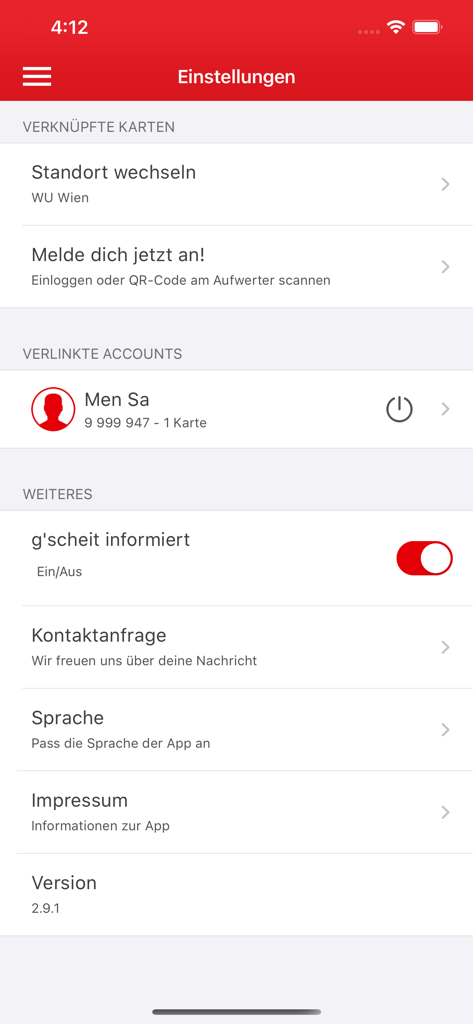 WU Mensa App - Écran des paramètres de la WU Mensa App montrant le profil du compte et les options de langue