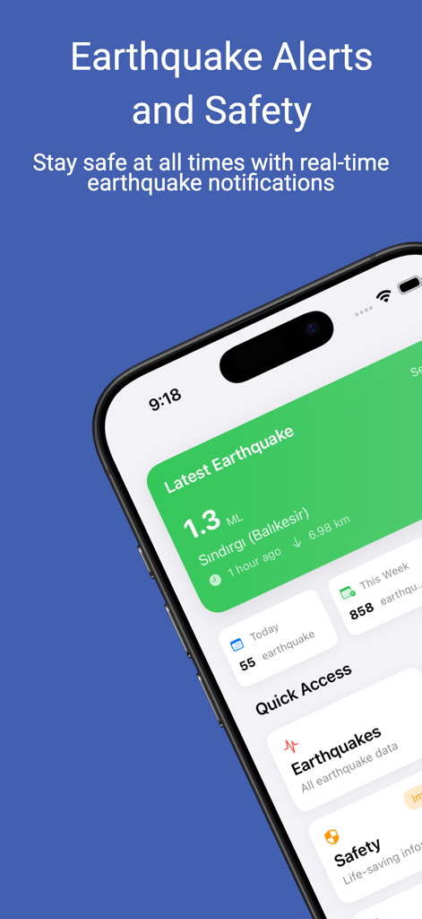 Deprem Bildirim ve Güvenlik - Mobile app dashboard showing latest earthquake alerts and safety features