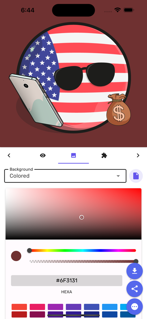 Countryballs Stickers - A USA Countryball character with sunglasses and accessories on a customizable background in a sticker maker app.