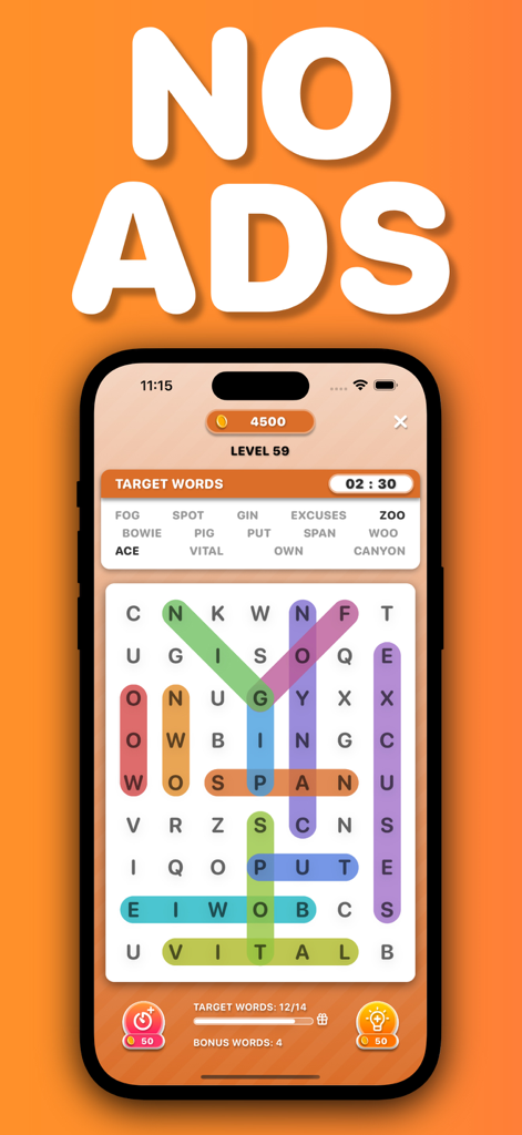 A smartphone screen showing level 59 of a word search game with colorful highlighted words and no advertisements