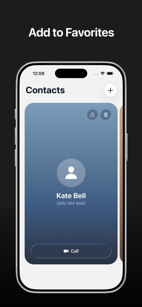 Video Call: Invites - Interfaz de la aplicación móvil mostrando la tarjeta de contacto de Kate Bell con un botón de videollamada y el encabezado Añadir a favoritos