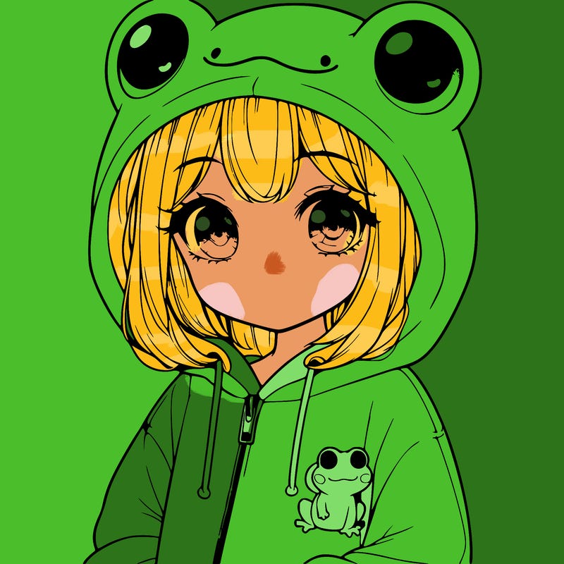 cute realistic girl in a froggy hoodie