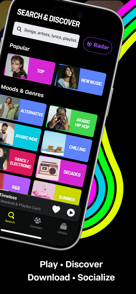 Anghami: Play Music & Podcasts - Pantalla de búsqueda y descubrimiento de géneros musicales de la aplicación Anghami que presenta géneros como Hip Hop Árabe e Indie Árabe.