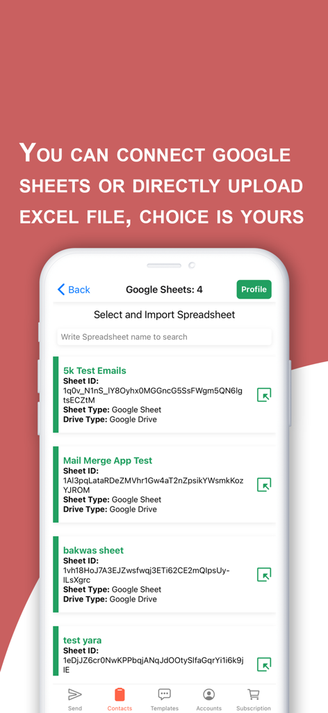 Mail Merge: Bulk Email Sender - Interface showing Google Sheets integration for importing email contact lists