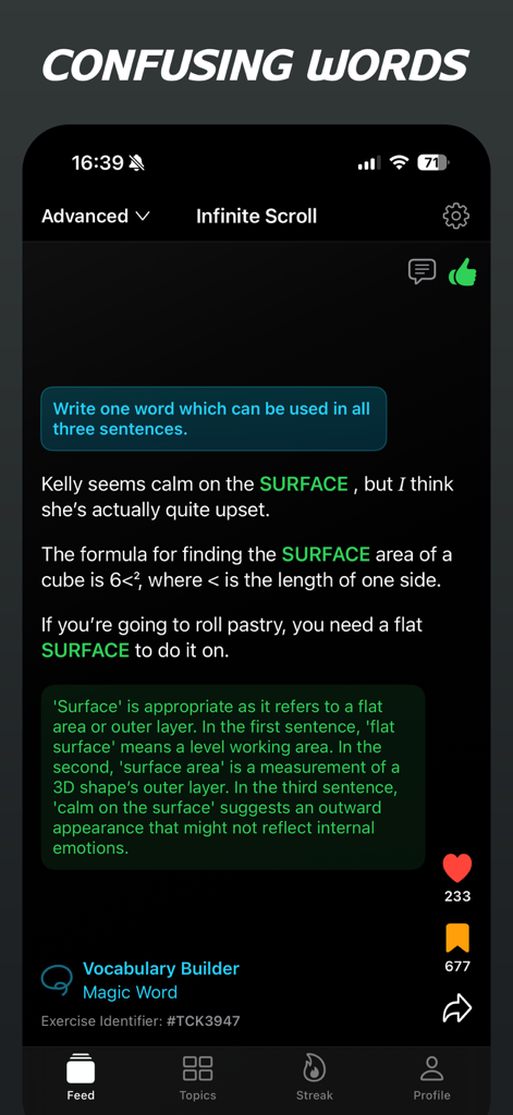 Interfaccia dell'app Cambridge English Shorts che mostra un esercizio di potenziamento del vocabolario per studenti avanzati utilizzando un feed a scorrimento verticale
