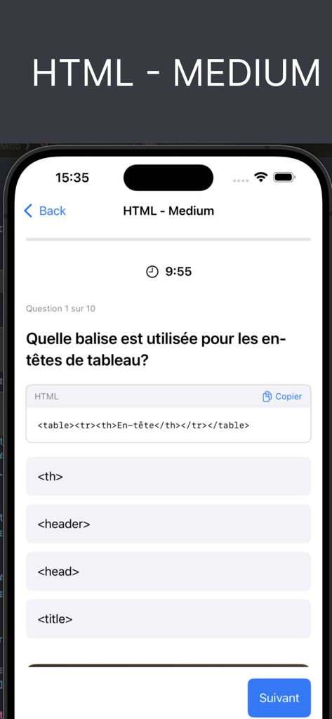 A mobile interface for an HTML coding quiz in the CodeGame app featuring multiple choice questions and code snippets