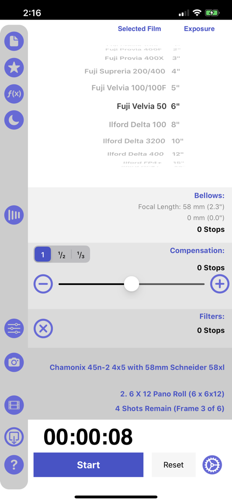 Reciprocity Timer app interface showing film selection bellows compensation and a long exposure timer