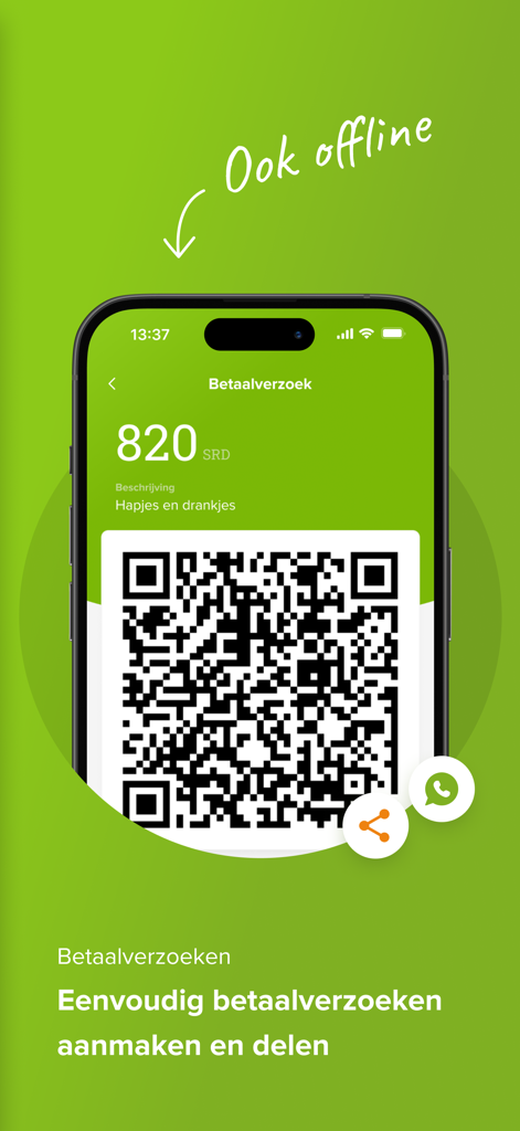 Mopé - Schermata dell'app Mope che mostra un codice QR per richiesta di pagamento di 820 SRD con funzionalità offline