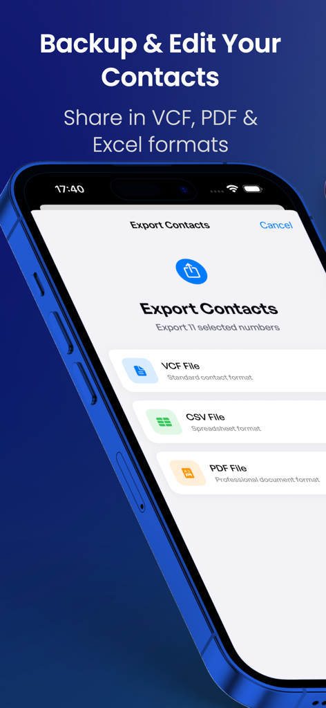 Tela do iPhone mostrando opções para exportar contatos nos formatos VCF, CSV e PDF