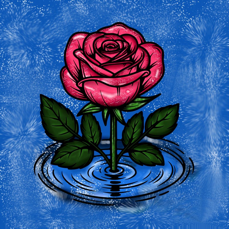 realistic single rose in water