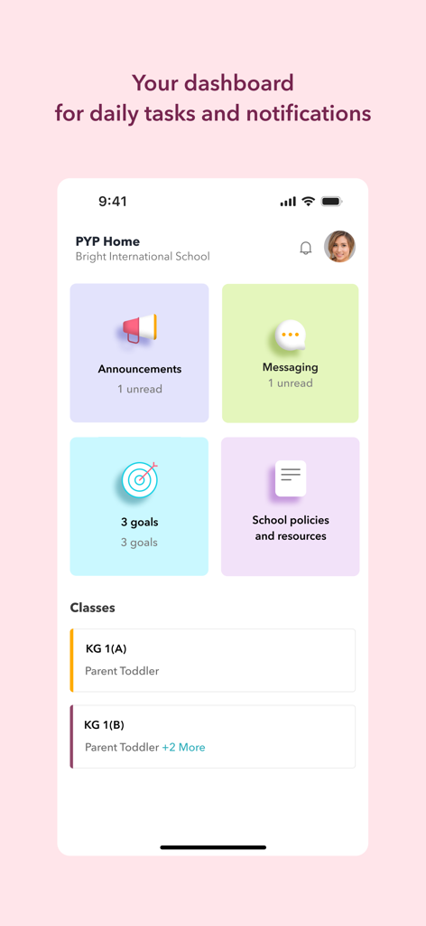 Toddle Educator - Toddle Educator mobile dashboard showing shortcuts for announcements messaging and student classes