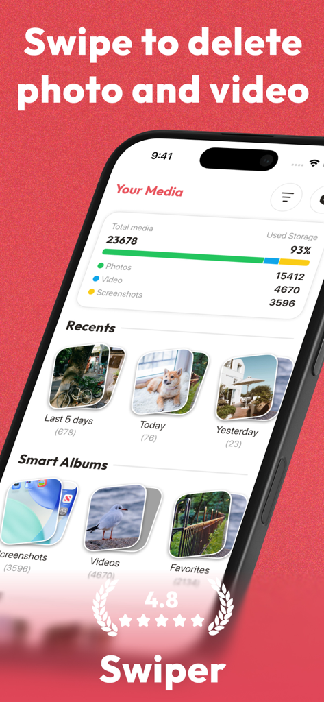 Swiper app dashboard showing photo storage usage statistics and smart albums for easy cleaning