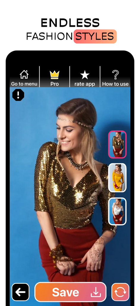 AI Dress App-Try on Clothes - AI Dress App interface showing a woman virtually trying on a gold sequined top and a red skirt with other style options