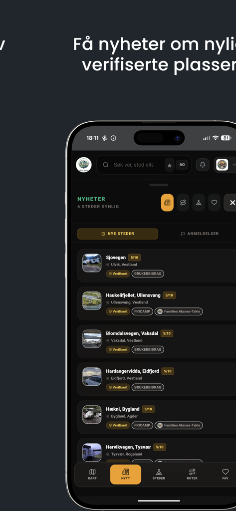 Fricamp - Fricamp app interface showing a list of new verified wild camping locations in Norway with ratings and location details