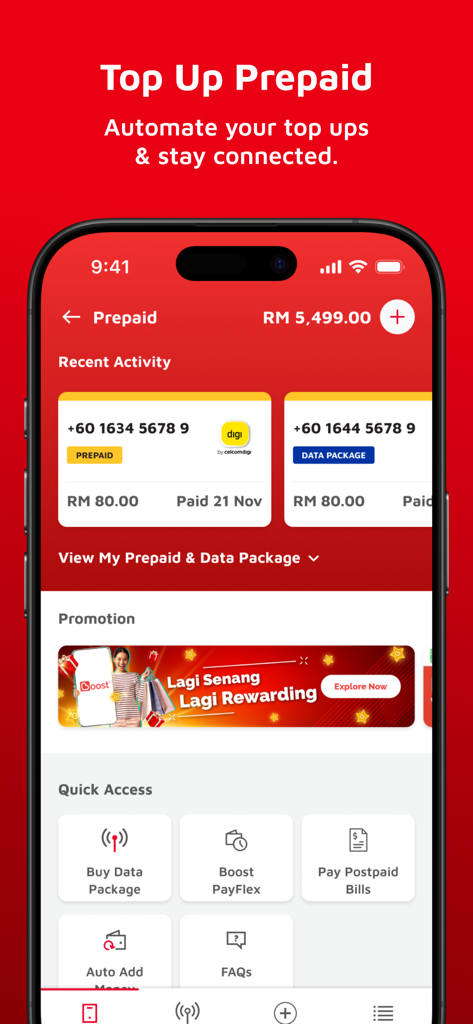 Boost App Malaysia mobile prepaid top up and recent activity interface