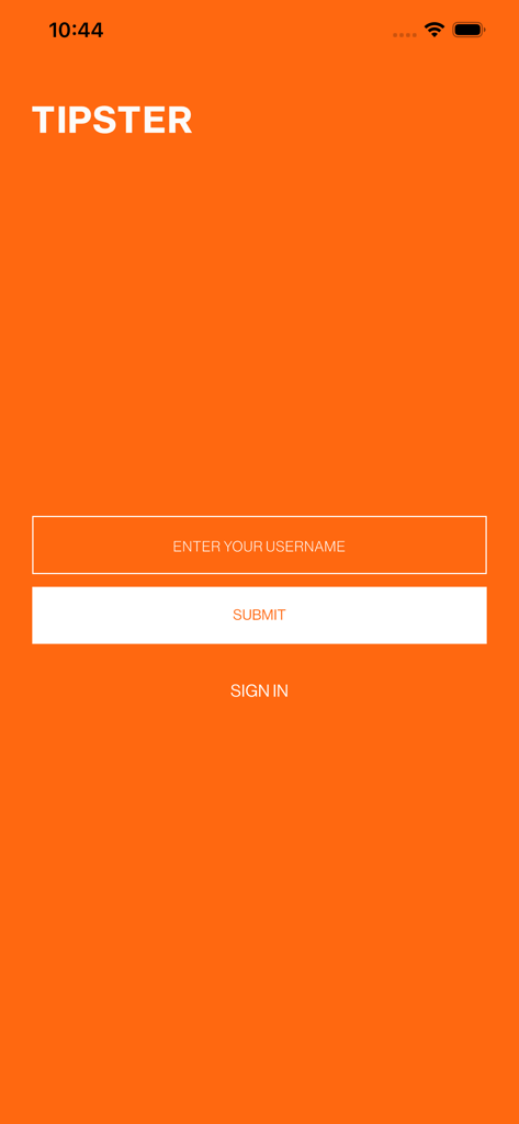 TIPSTER 0701 - Anmeldebildschirm der Tipster Partner App mit dem Feld Benutzername und der Schaltfläche Senden auf orangefarbenem Hintergrund