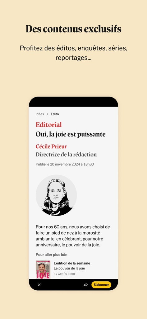Capture d'écran d'un article éditorial dans l'application mobile Le Nouvel Obs