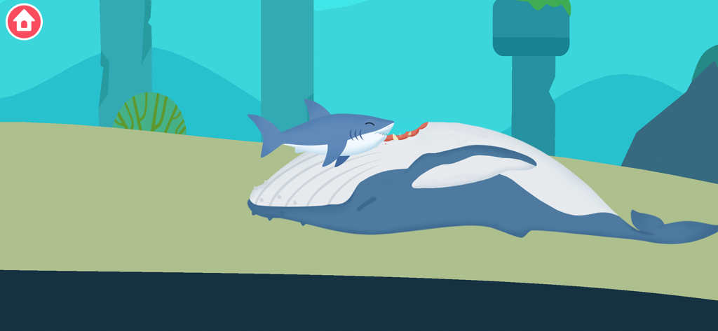 Animal Rescue: Sea Adventure - A shark and a whale interacting on the ocean floor in an educational underwater game for kids.