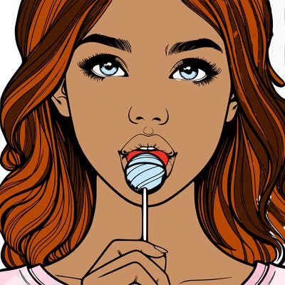 a realistic girl with a lollipop in her mouth