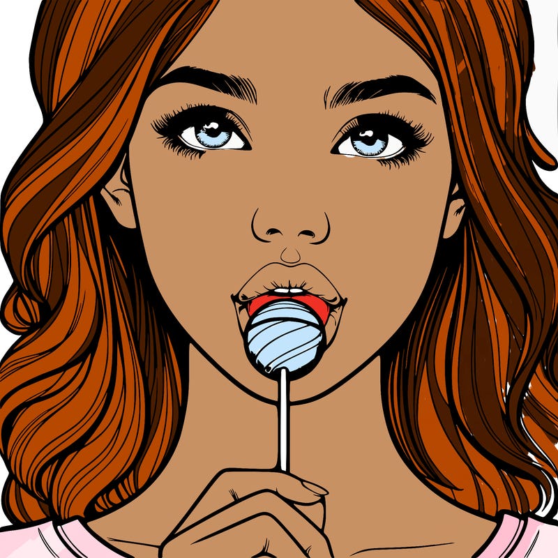 a realistic girl with a lollipop in her mouth