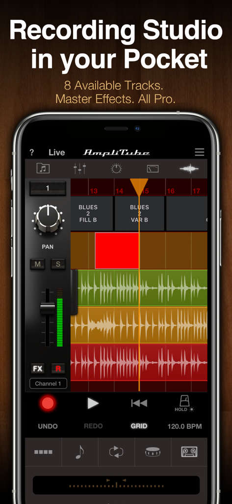 AmpliTube - La aplicación AmpliTube en iPhone mostrando una interfaz de estudio de grabación de 8 pistas con formas de onda de audio y mezclador.