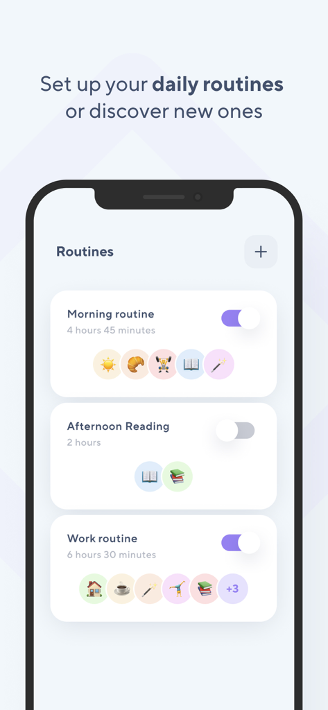 TimeBloc - Daily Planner - Daily routines interface in the TimeBloc app showing morning and work schedules.