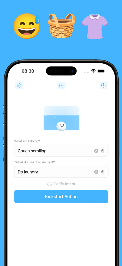 Snowballing app interface for breaking procrastination by starting a laundry task
