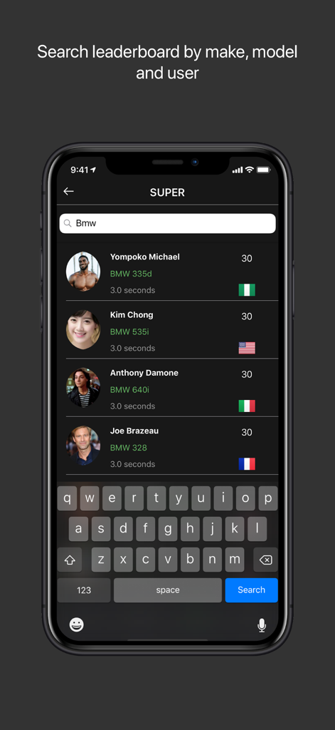 FastR - 0-60 Acceleration Test - Tela de pesquisa do placar no aplicativo FastR mostrando resultados de aceleração de 0 a 100 km/h para modelos de carros BMW