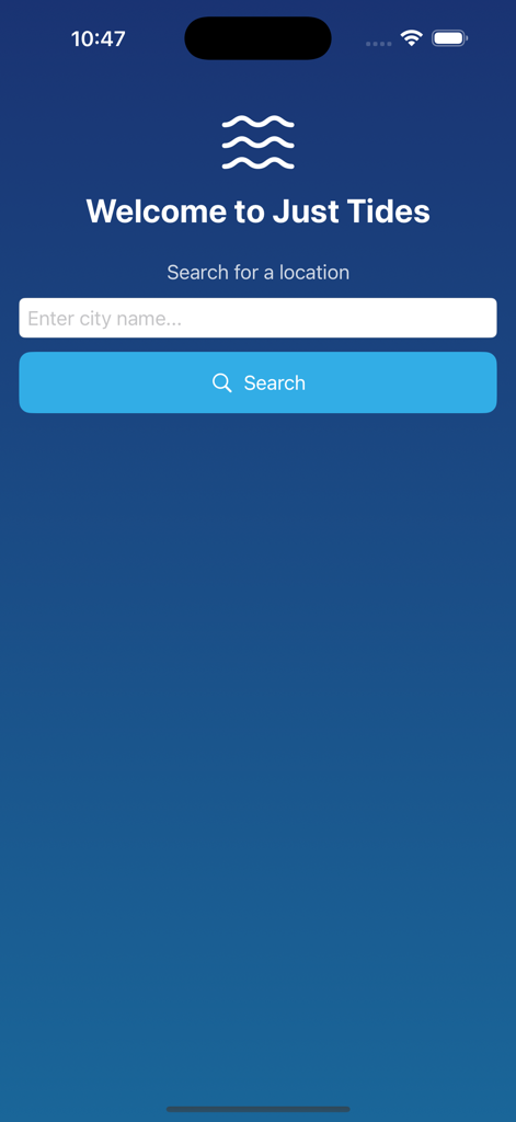Just Tides - Welcome screen of Just Tides app showing a search bar for coastal locations