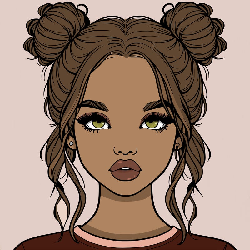 realistic girl with two buns in hair and lips