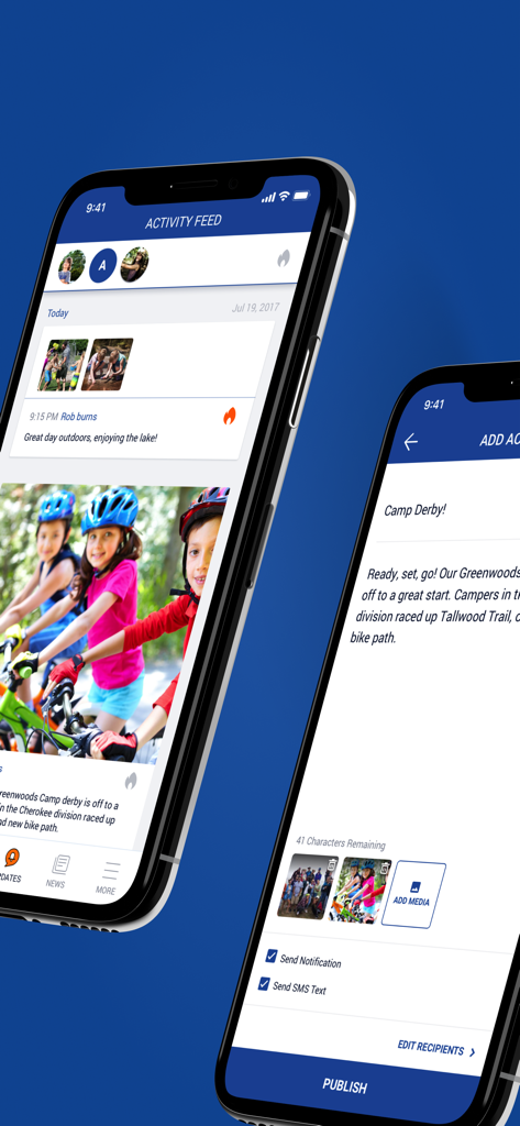 Bunk1 - Bunk1 app screens showing a camp activity feed with children biking and an interface for publishing camp updates