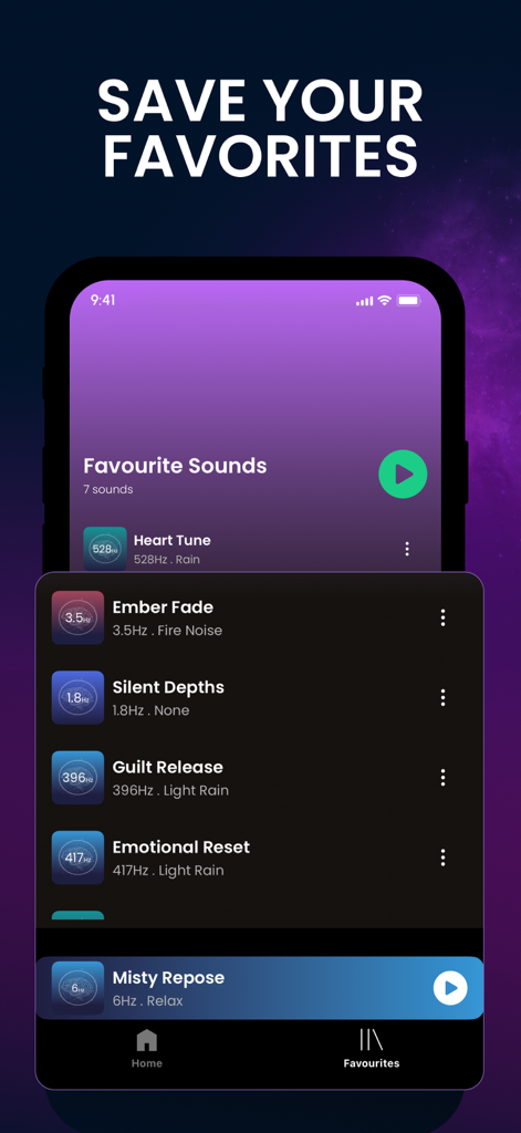 Frequency Generator: HZ - Una lista de sonidos y frecuencias favoritos guardados en la interfaz de la aplicación Frequency Generator HZ.
