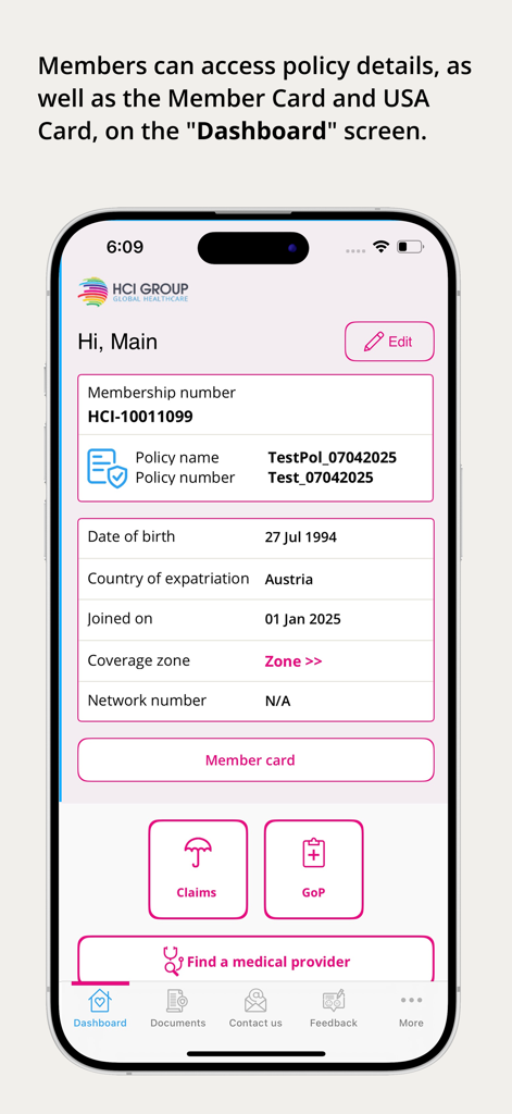 HCI Group - Dashboard of the HCI Group app showing member health insurance policy details.
