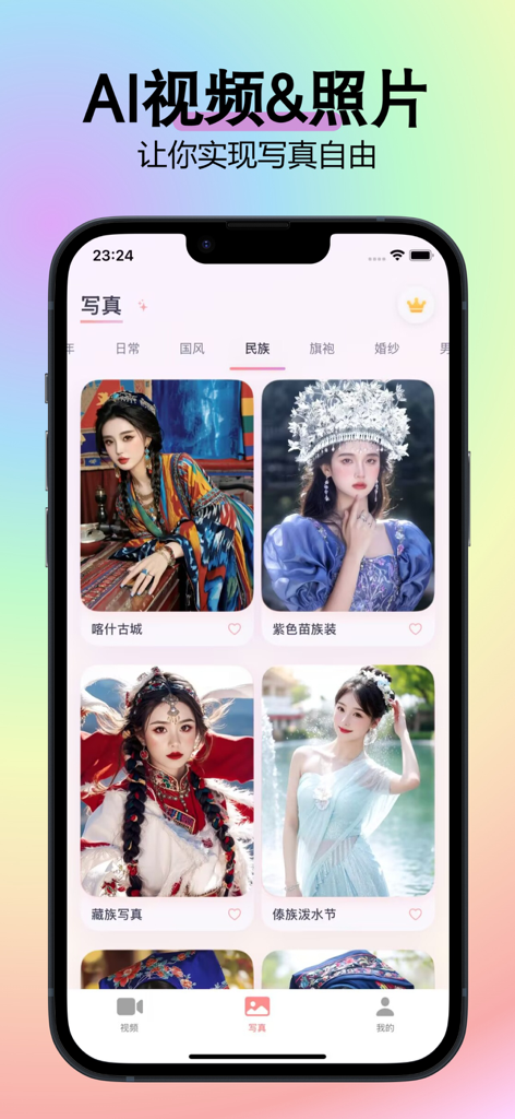 即拍 - 换脸换装软件 - Ji Pai app interface showing AI photo templates for traditional Chinese and ethnic dress styles