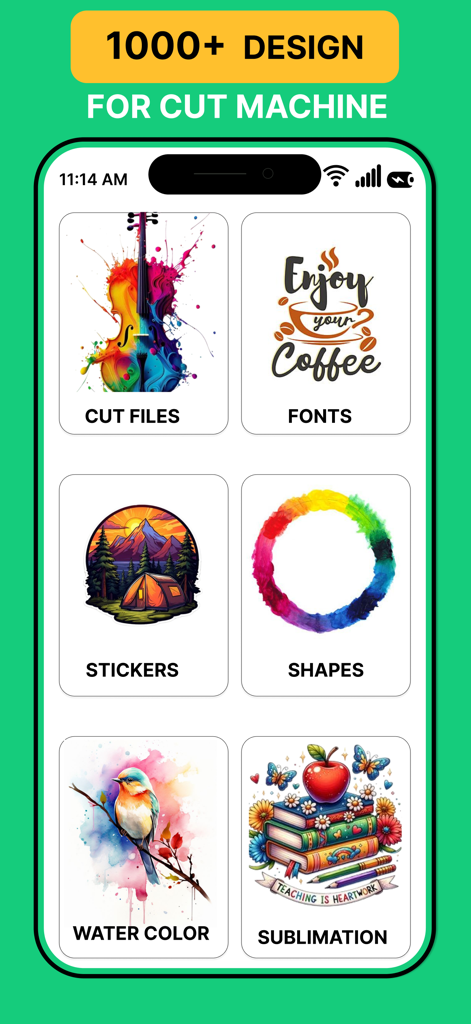 Design Studios Of Cricut - Tela do aplicativo mostrando categorias de design para máquinas de corte, incluindo arquivos de corte, fontes, adesivos e sublimação