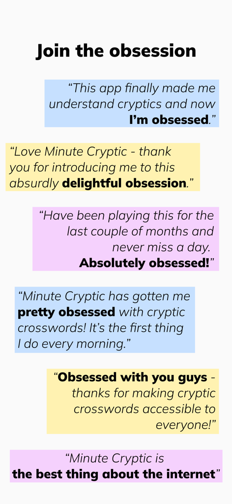 Minute Cryptic - A collection of positive user testimonials for the Minute Cryptic app highlighting daily engagement and accessibility