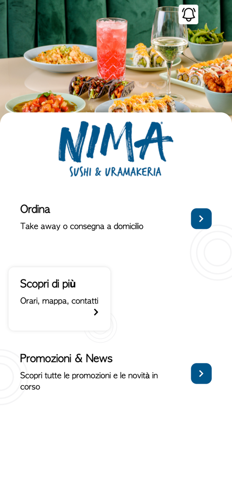 Nima Sushi - Pantalla de inicio de la aplicación móvil Nima Sushi que muestra opciones de entrega de alimentos y promociones exclusivas.